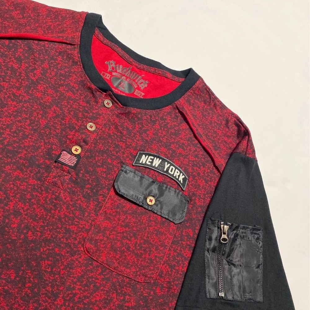 Patriotic New York Bushwick Henley Shirt Mens Size XL‎ Red Multicolor Abstract - Picture 3 of 9
